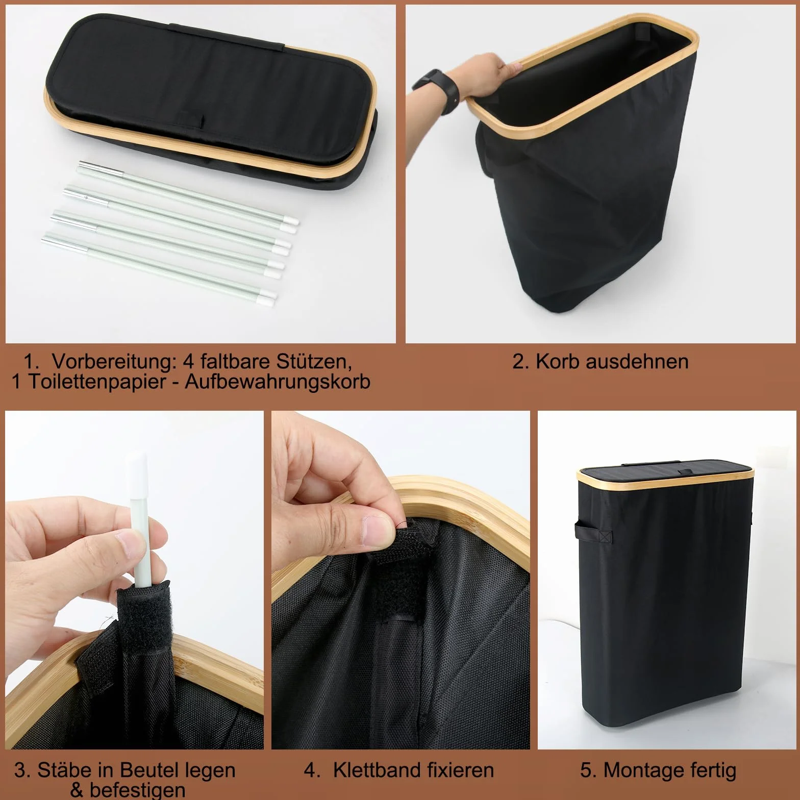 45L - Cesta de almacenamiento de papel higiénico con tapa, grande, color negro, resistente al agua, para 18 a 24 rollos, organizador de papel higiénico de bambú