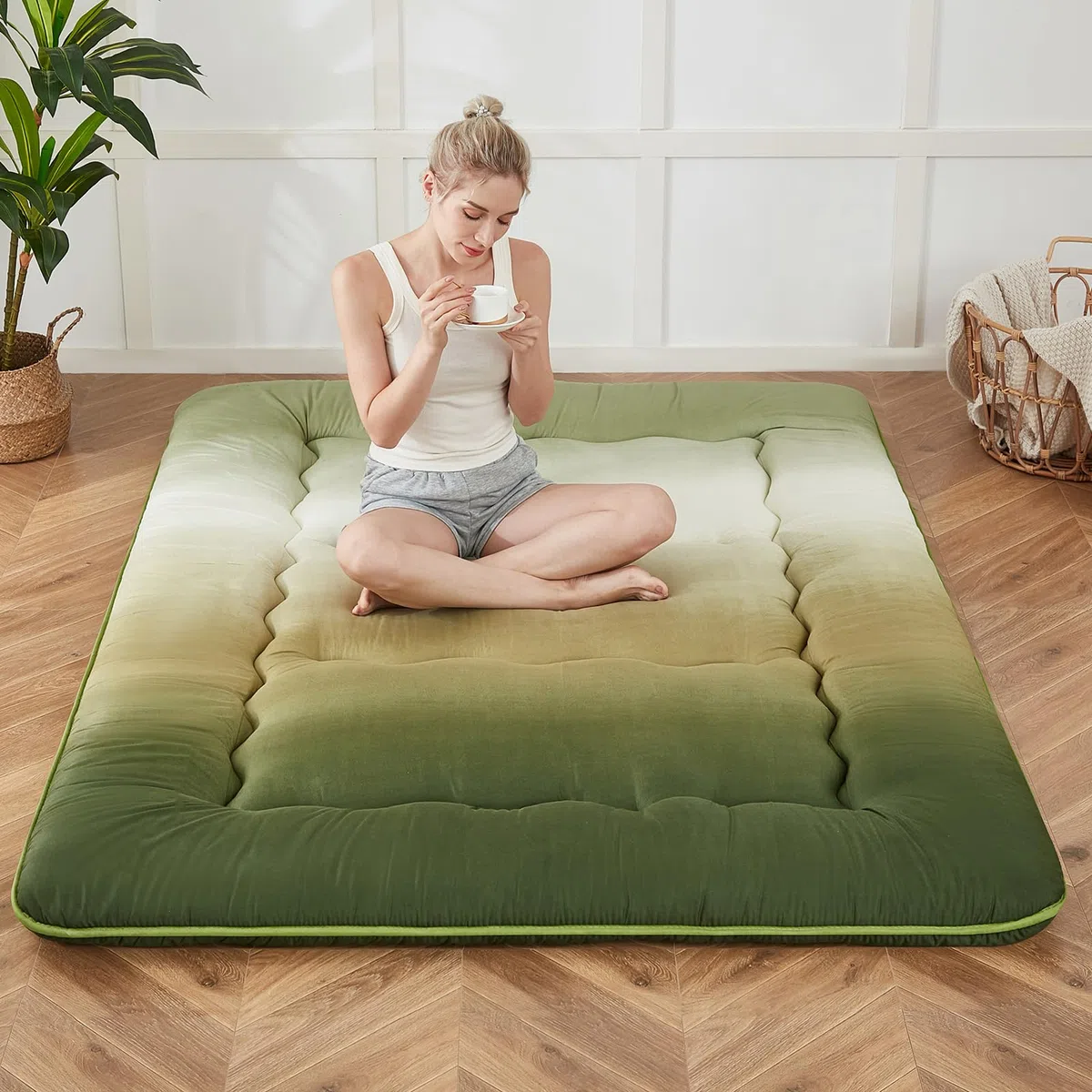 Zelladorra Colchón japonés de suelo, colchón futón con bolsa de almacenamiento portátil, colchón enrollable grueso de tatami adecuado para camping, habitación de invitados (degradado bosque,