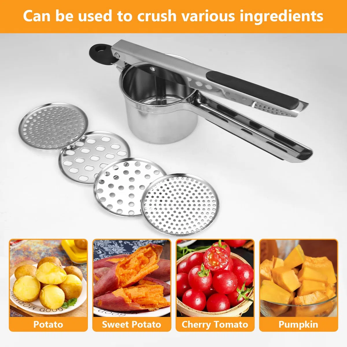 1 Pcs Machacador de Patatas, Pasapures Acero Inoxidable, Prensa Patatas, Prensador de papas de acero inoxidable para papas, frutas y puré de verduras, con 3 discos reemplazables