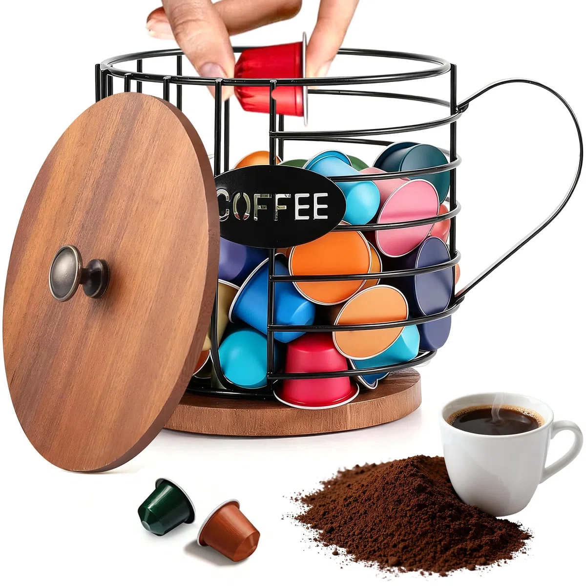 Soporte Cápsulas de Café con Base Madera & Tapa, Cesta Almacenamiento Filtro Grande, Organizador Accesorios Barra de Café Frutas Decoración Redonda Metal Negro para Encimera Cocina, Mostrador, Hogar