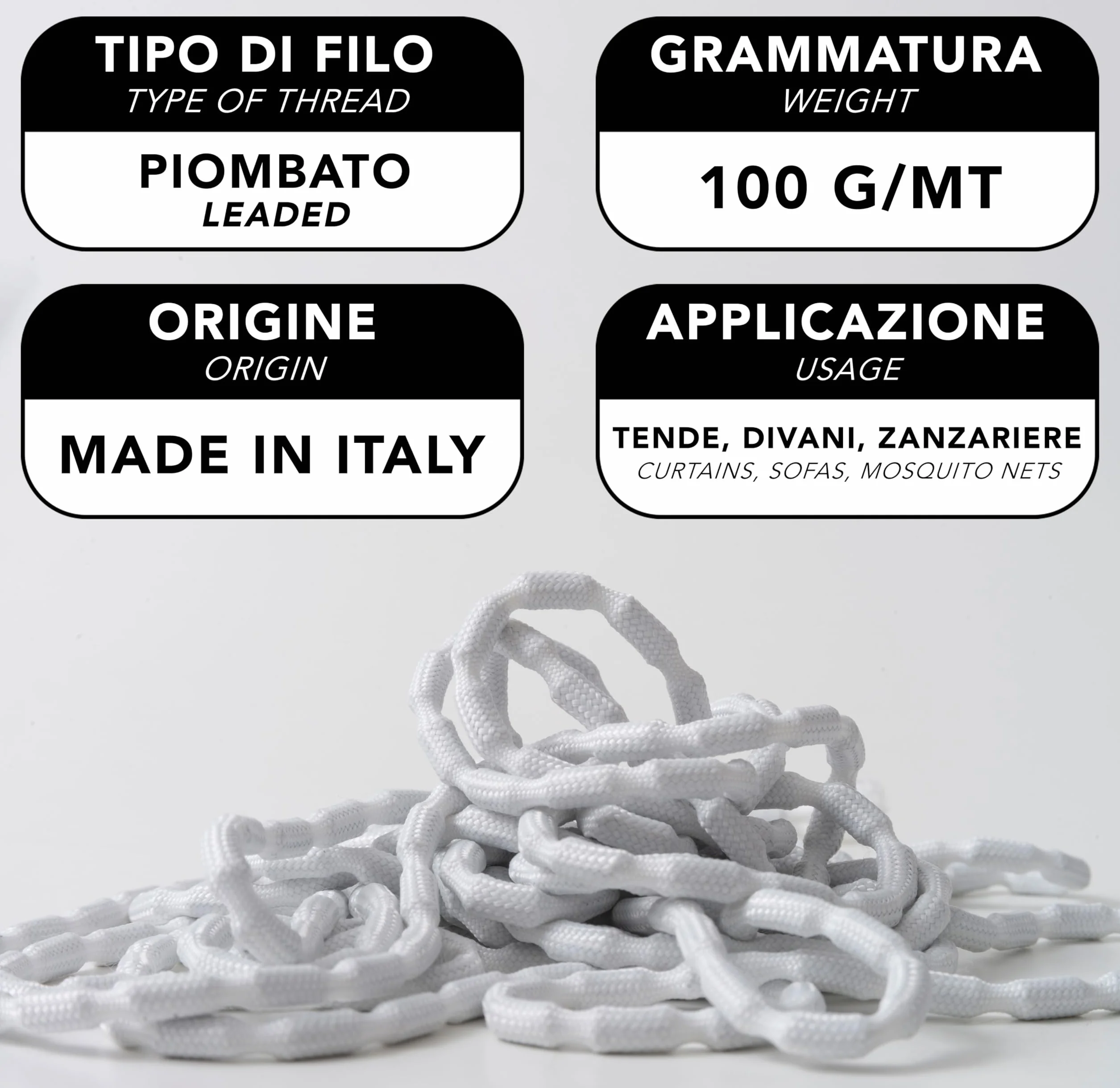 IPEA Cuerda de Plomo para Cortinas – Súper Pesado 100 G/MT - Made in Italy - 5 Metros – Cuerda Plomada para Cortinas, Telas, Mosquiteras – Trenza de Plomo – Peso - Hilo Plomado