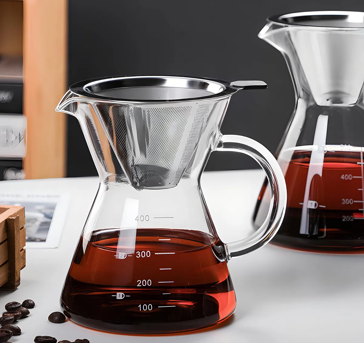 Cafetera para verter con filtro de goteo de acero inoxidable reutilizable, juego de cafetera de goteo de vidrio, jarra de café de vidrio de borosilicato sin plomo para 1-2 tazas, transparente