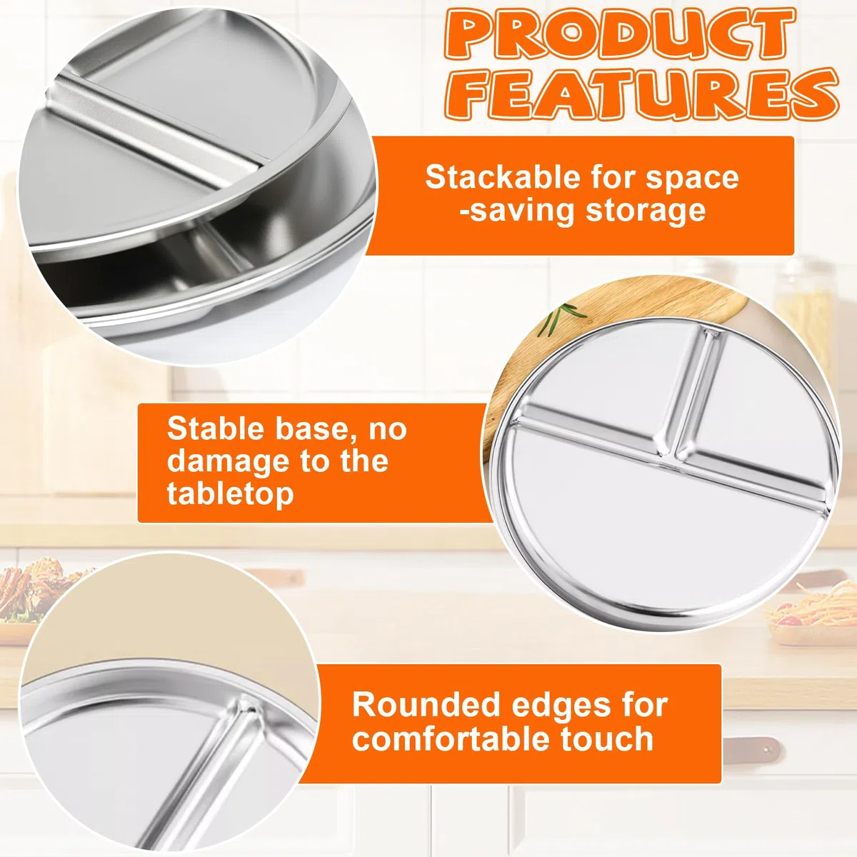 3 PCS Platos Divididos de Acero Inoxidable, Plato para Dieta en 3 Zonas para Adultos y Niños, Plato con Separadores, Platos Saludables Control de Porciones para Almuerzo y Cenas -23cm