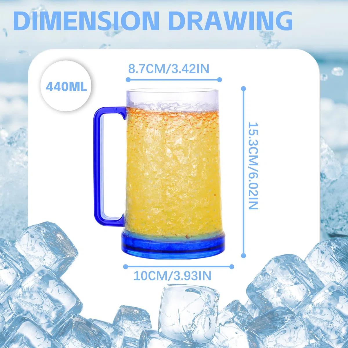 ACTOYS Jarra de Cerveza Congelador 450ML Taza para Cerveza Plástico, Vaso Doble Pared, Vaso Frio para Mantener Bebidas Frescas 15 x 10 cm (Azul)