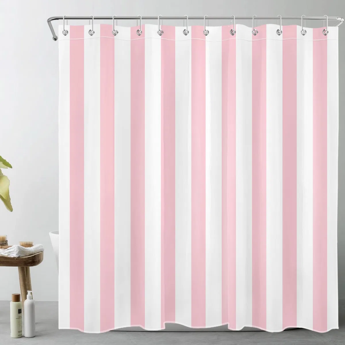 LB Rayas Rosadas y Blancas Cortinas de Baño 180x180cm Arte geométrico Simple Cortina de Ducha con Ganchos, Minimalista Impermeable Antimoho Poliéster Decoración de Baño