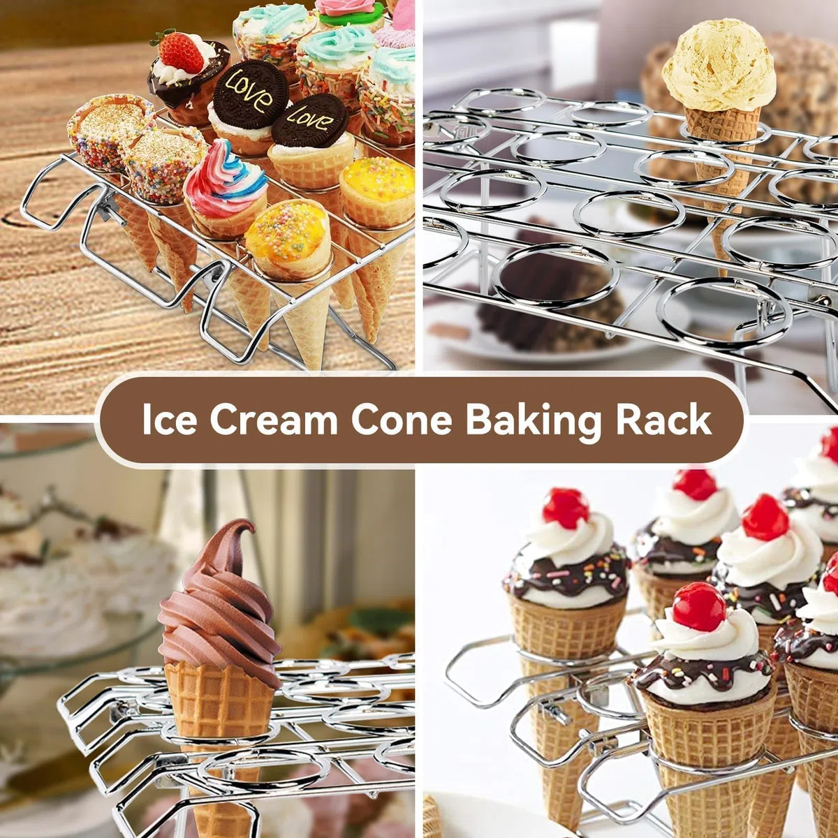 Cyrank Soporte para Conos de Helado, 16 Agujeros para Conos de Magdalenas Soporte de Acero Inoxidable para Conos de Helado para Conos de para Conos de Algodón para Hornear