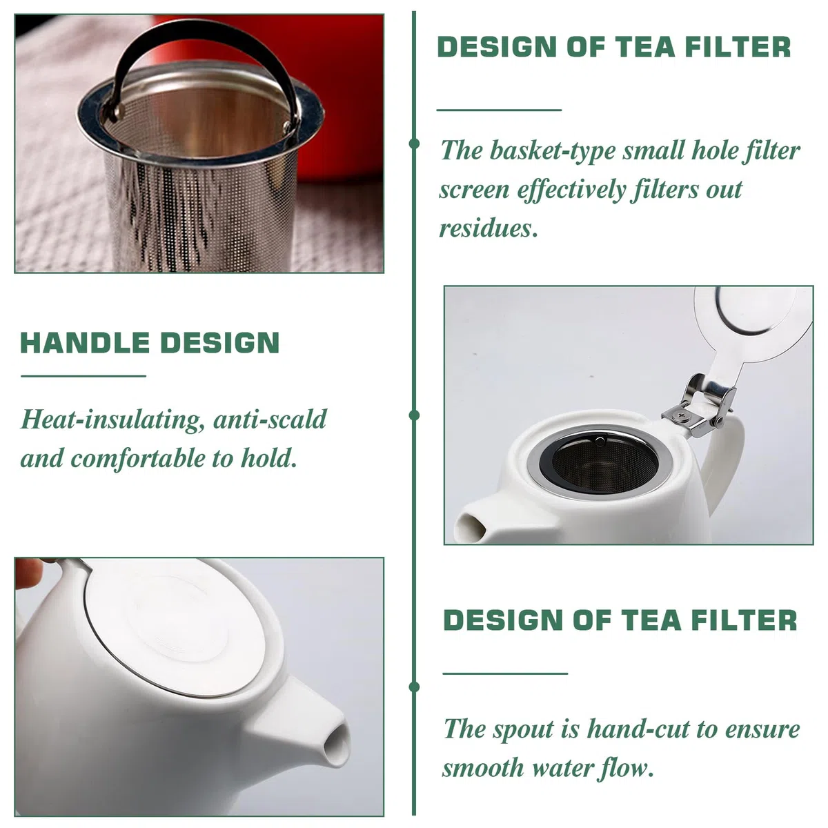 Tetera de porcelana: cafetera de cerámica blanca con colador, tetera de cerámica de 500 ml con tapa de acero inoxidable, tetera para café, vajilla de porcelana, tetera