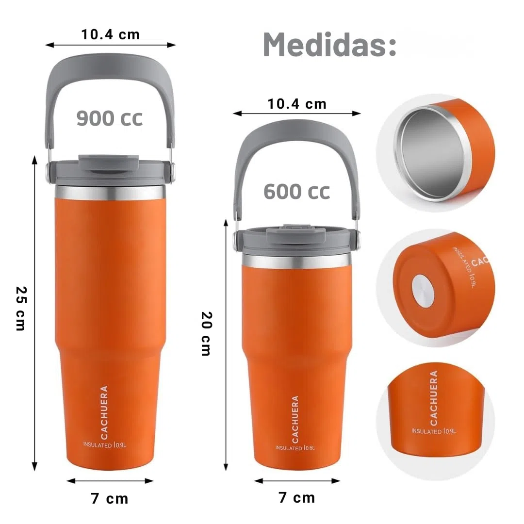 Vaso térmico de acero inoxidable CACHUERA: doble pared, tapa 2 en 1, termo, colores vibrantes. Conserva el calor 8 hs y el frío 15 hs. Disponibles en dos tamaños (NARANJA, 600)