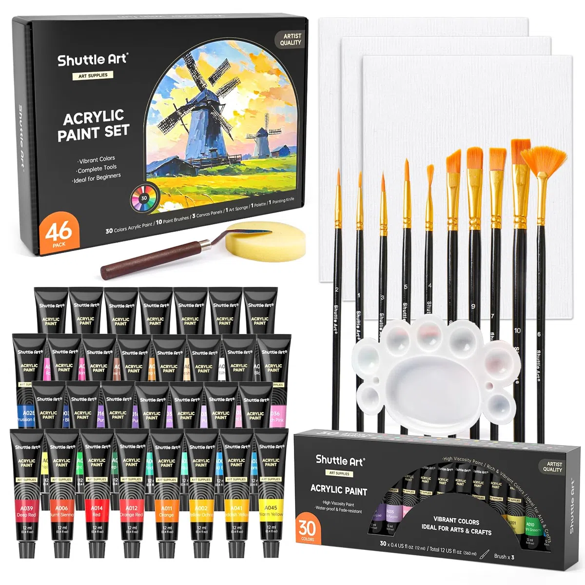 Shuttle Art 46PCS Kit Pintura Acrílica, 30 Colores Tubo (12ml) de Acrilicos para Pintar Incluye 10 Pinceles y 3 Lienzos, Pigmentos No Tóxicos, Pintura Acrilica Manualidades Ideal en Lienzo,Tela,Vidrio