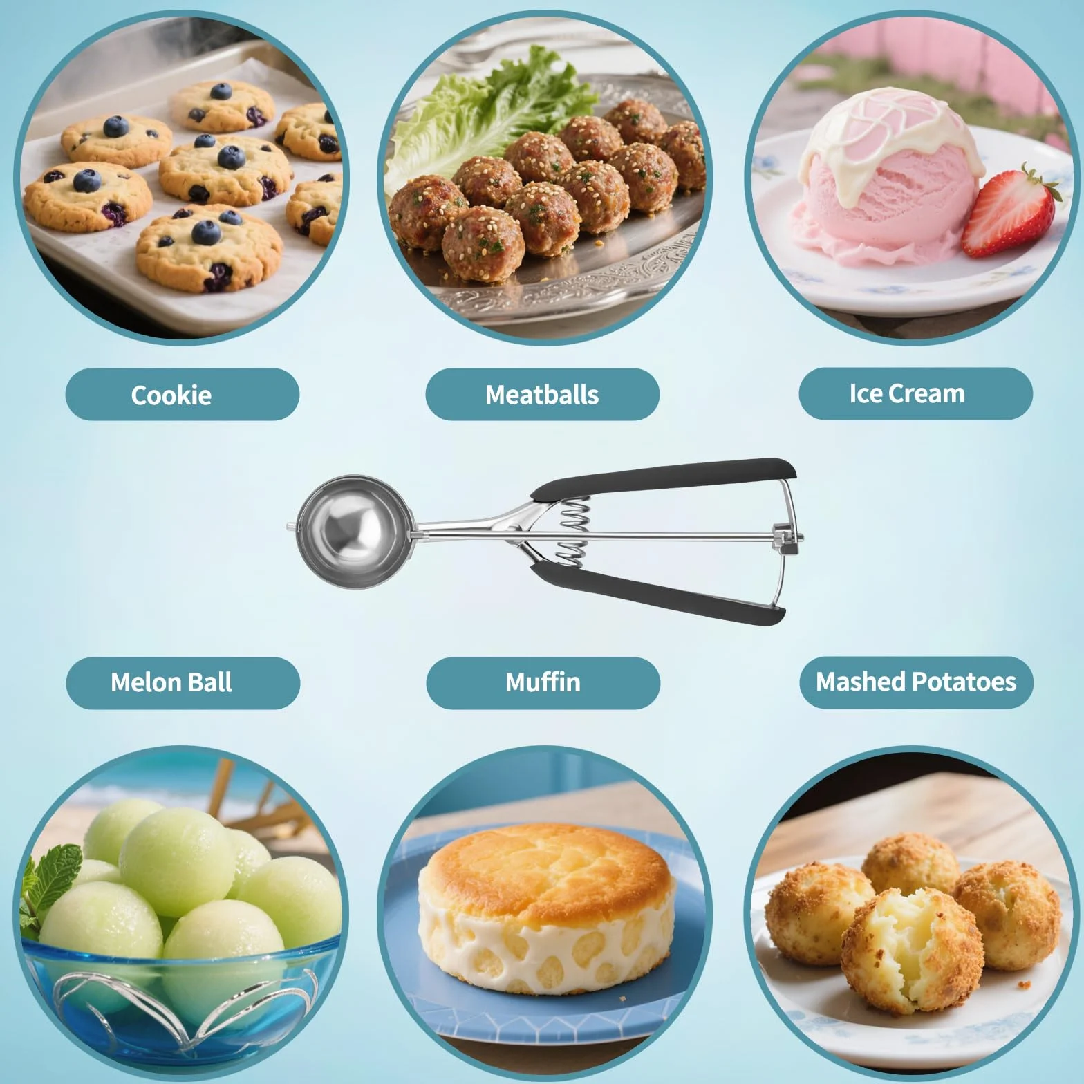 Juego de 3 cucharas de galletas para hornear, cuchara de helado de acero inoxidable 18/8, 1 cucharada/2 cucharadas/3 cucharadas, cuchara de masa de galletas, agarre antideslizante rojo/negro/burdeos