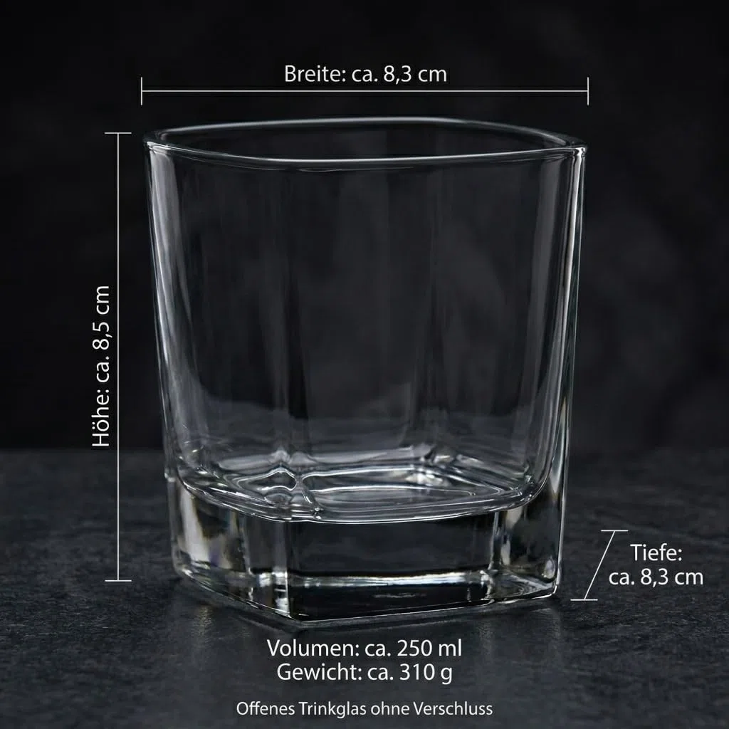 Gouveo Juego de 6 Vasos de Cristal de 250 ml - Vasos de Whisky y Coñac, Diseño Ligeramente Cuadrado - Set de Regalo para Hombres y Amantes de las Bebidas Finas
