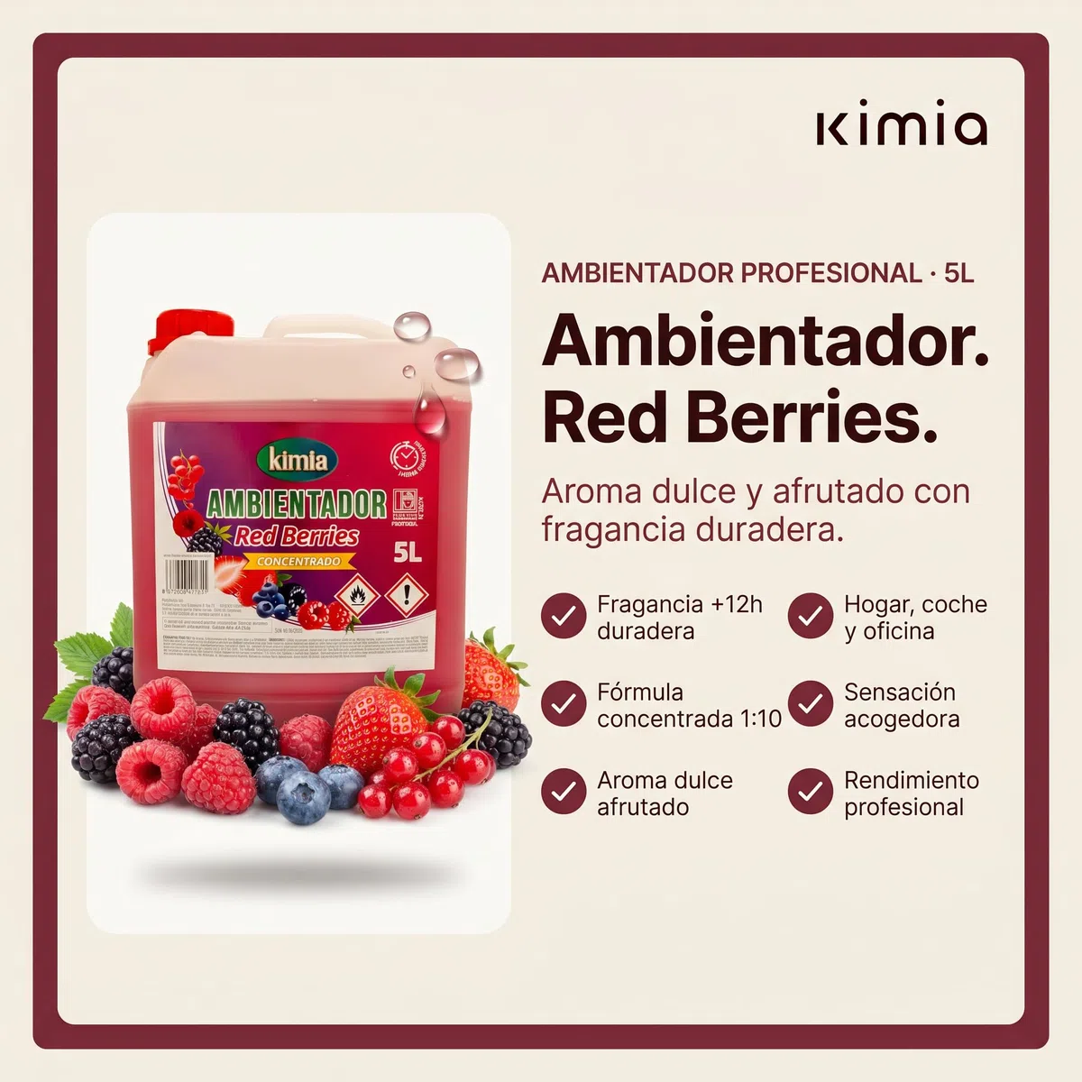 KIMIA - Ambientador de Hogar Red Berries 5L | Perfumador con Fragancia Duradera a Frutos Rojos | Para Cualquier Estancia de Casa, Coche y Oficina | Fórmula Concentrada | Ambiente Fresco y Perfumado
