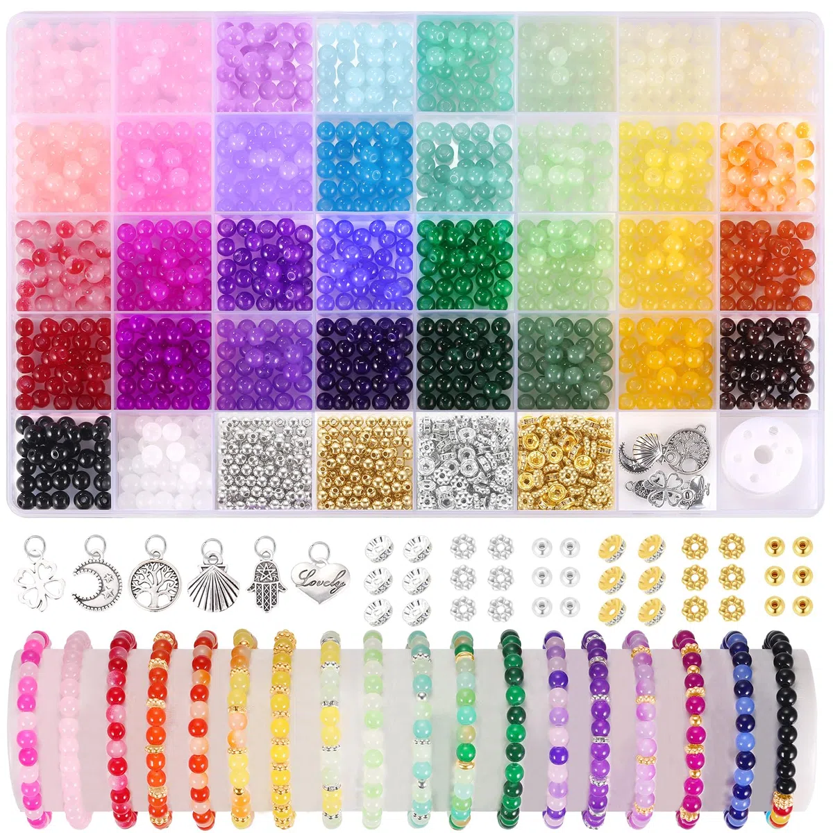 Funtopia Abalorios para Hacer Pulseras, 34 colores 1400 Pizas de 6mm Cuentas Redondas de Cristal para Pulseras, Kit de DIY Manualidad Fabricación con Caja y Dijes