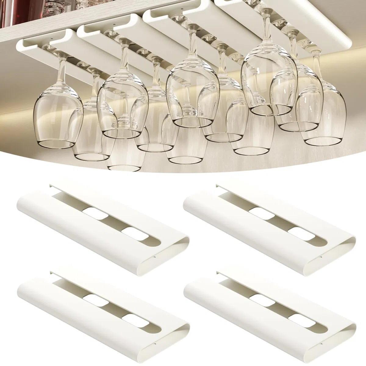 4 Piezas Soporte para Copas de Vino Colgante Colgador Copas Sin Taladrar Estante Copas Vino Debajo Gabinete Estante para Colgar Copas Cuelga Copas para Bar Cocina Restaurante (Blanco)