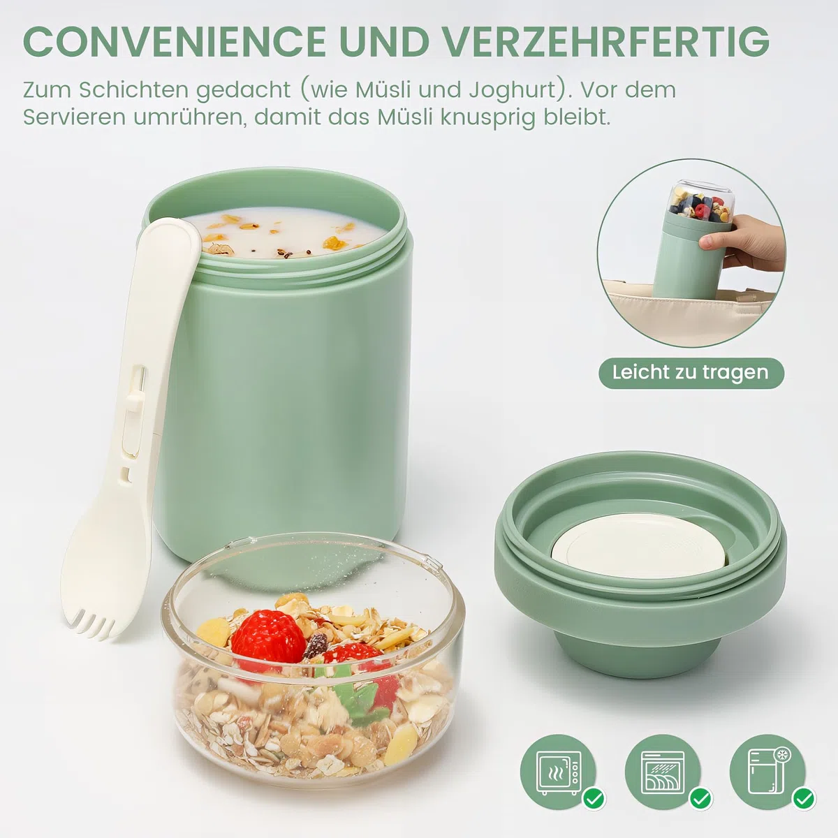 Bugucat Taza de Yogur 520ML+250ML, Porta Yogur y Fruta Vaso de Cereales para Llevar con Tapas y Cuchara, Reutilizable Porta Vaso Portátil Taza de Cereales con Recipiente para Ensaladas,Verde