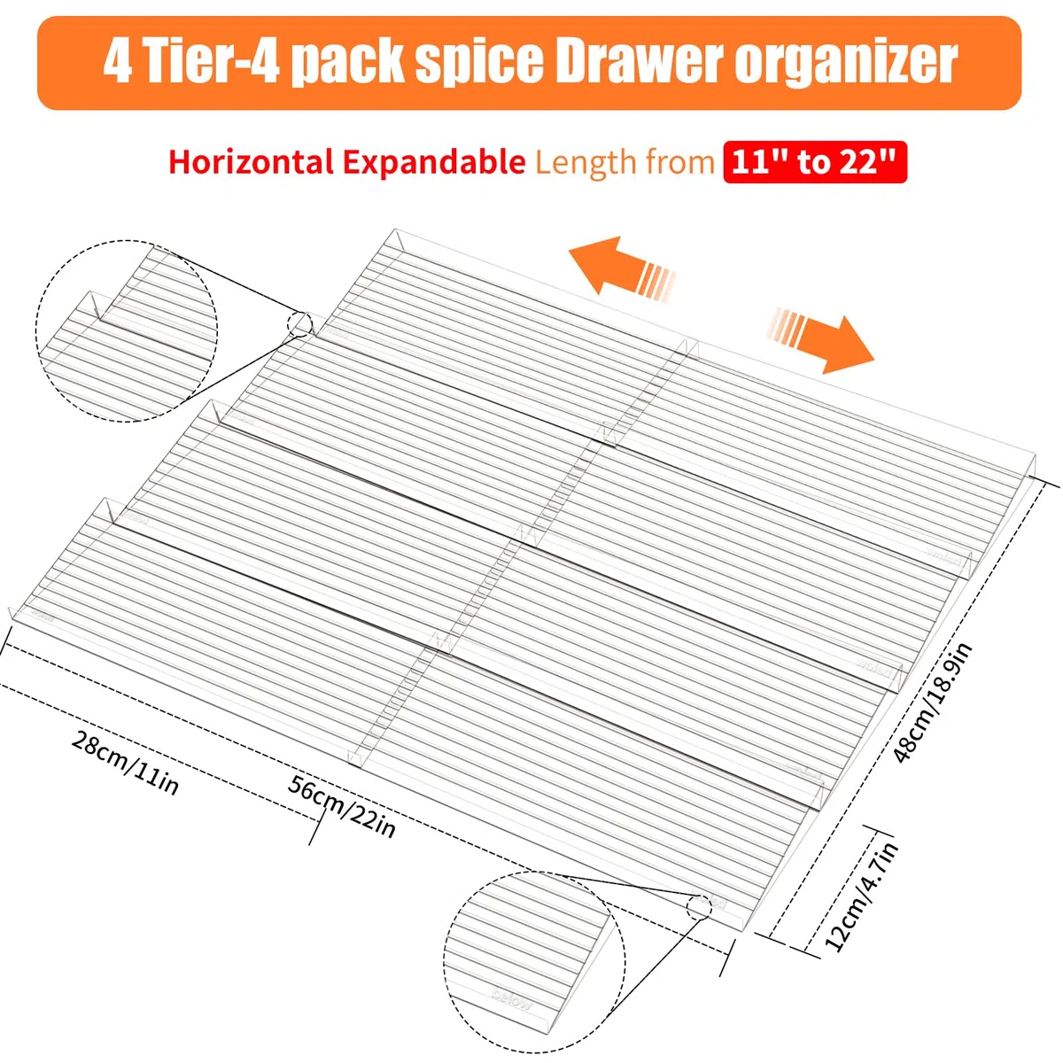 8 Piezas Organizador Acrílico para Cajones de Especias Expandible de 28 CM a 56 CM Estante Transparente Acrílico de Cajones de Especias para Cocina Armarios Encimera