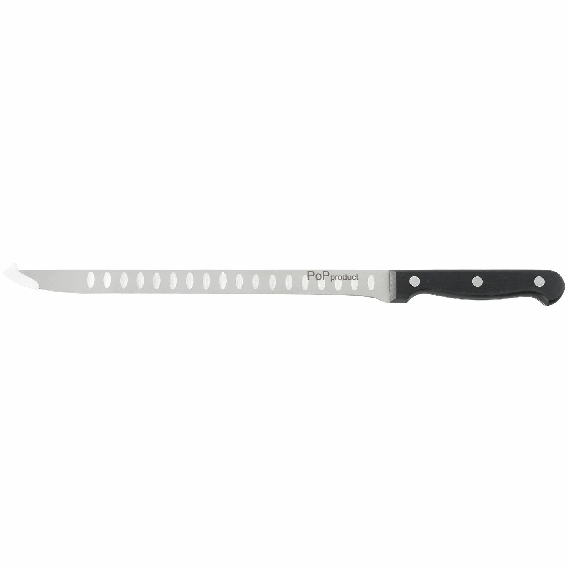 Cuchillo Jamonero Forja de Acero Alemán, alveolado en las dos caras. Hoja de 255 mm de acero inoxidable. Mango ergonómico de Polioximetileno-POM de 120 mm.