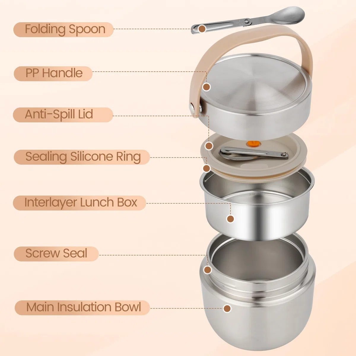 Termo Comida Caliente 1200ml, Térmico para Alimentos con Cuchara Plegablem, Fiambrera Térmica Acero Inoxidable, Termo de Comida para Adultos y Niños - Plata