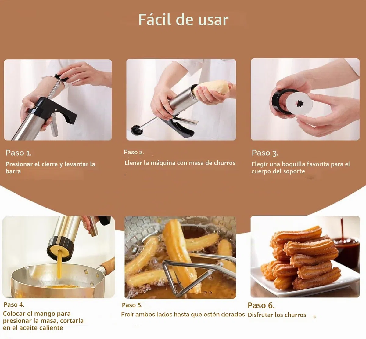 Churrera con 3 boquillas de diferentes formas, churrera para churros, bolsa de glaseado con boquillas para varias decoraciones, máquina de churros diámetro 5,6 x 21 cm