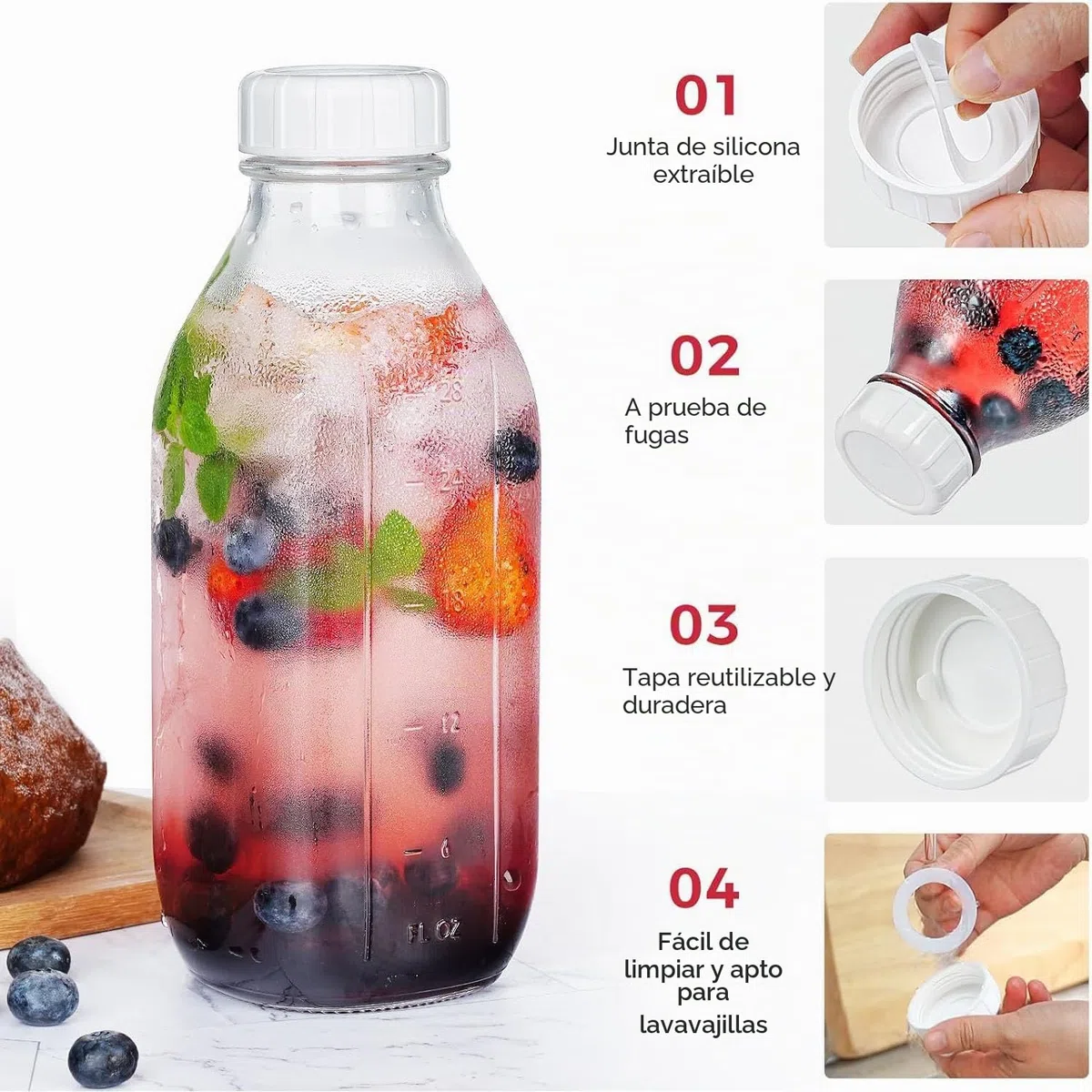 2 PCS 1L Botellas de vidrio con Tapas, Botellas Cristal Reutilizable, Botella Vidrio Transparente, botellas de zumo, para Oats, Cereales, Yogur, Pudín, Aceite, Leche, Zumo y Limonada