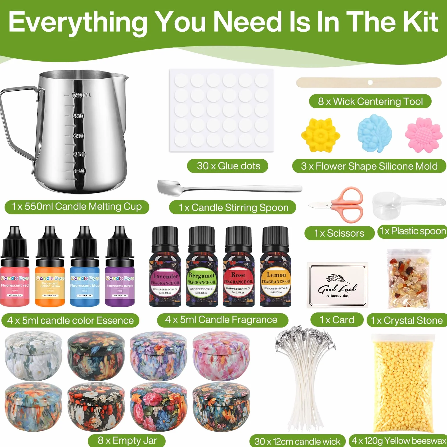 BBLTIFF Kit para Hacer Velas, Kit de Fabricación para Velas, Kit Velas Aromaticas Fabricacion, Incluye 480g Cera de Abejas, 8 Latas de Velas, 4 Colores, 4 Aromas, 30 Mechas ¡y Mucho Más