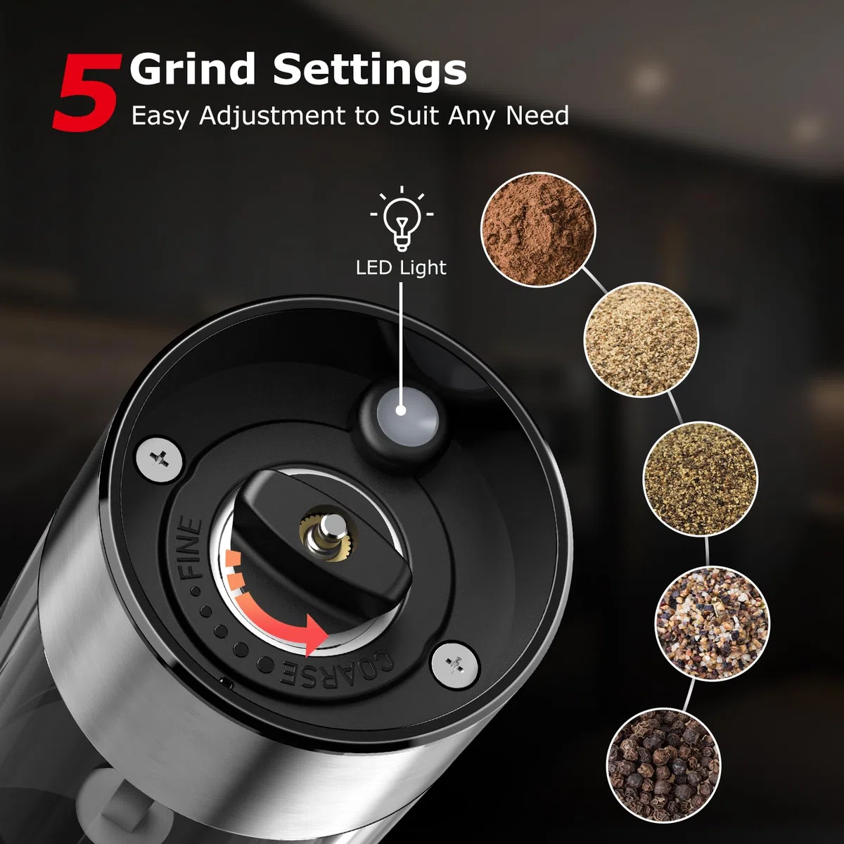 Bonsenkitchen Molinillo eléctrico de sal y pimienta, agitador de acero inoxidable con luces y grosor ajustable, funciona con pilas