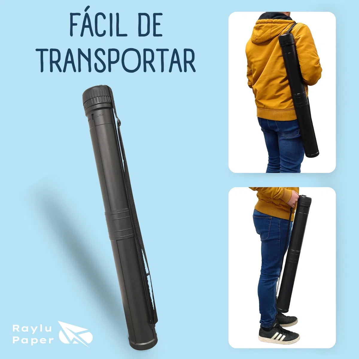 RAYLU PAPER - Tubo Portaplanos, Tubo de Plástico Extensible para Guardar Planos, Lienzos y Posters, Tubo Portadocumentos con Correa para Artistas, Trabajo y Universidad (70 a 130 cm)