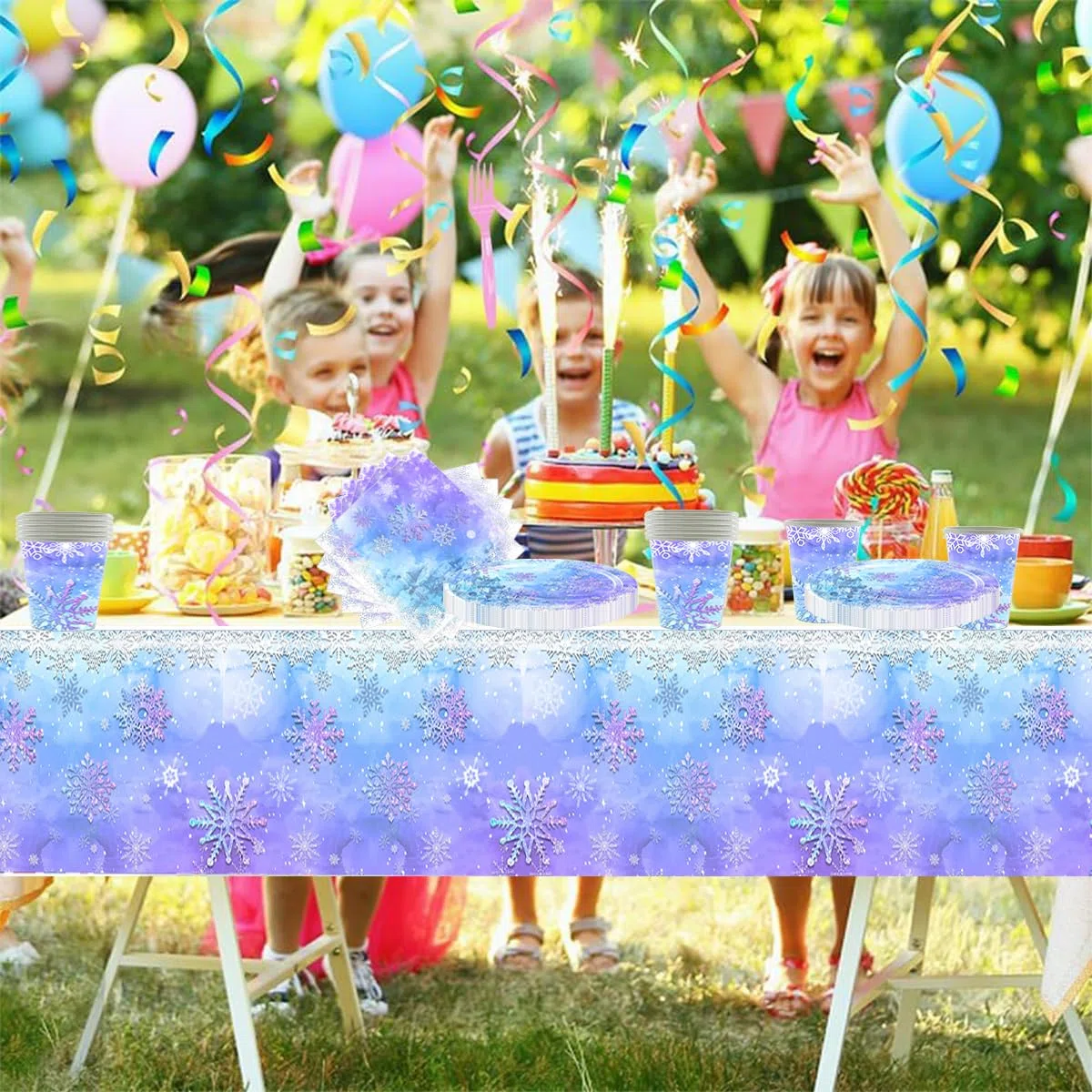 61 piezas Vajilla fiesta Frozen, juego de vajilla copo de nieve azul y morado, 20 servilletas 20 vasos de papel 20 platos de papel 1 mantel, vajilla para niños y adultos