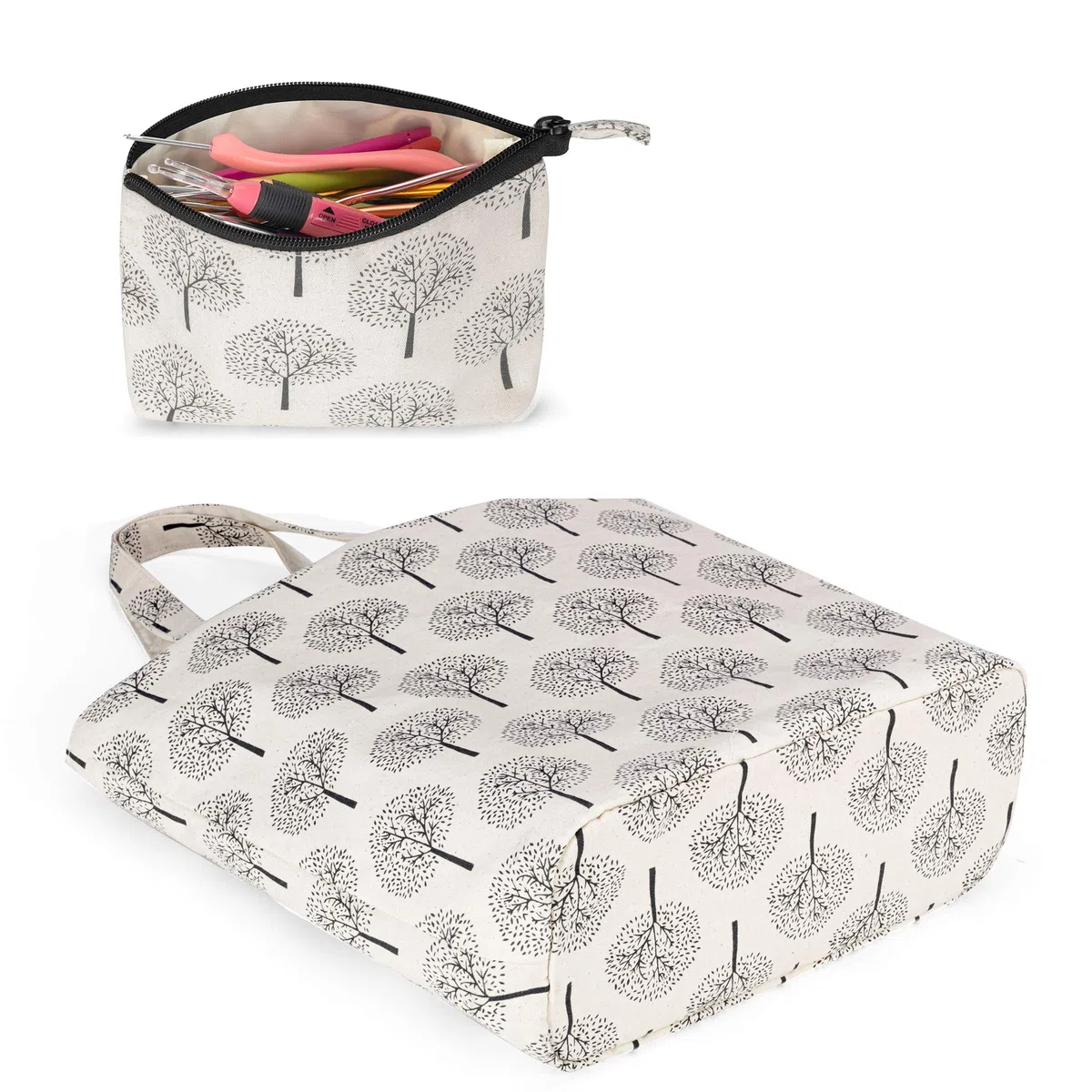YARWO Bolsa de Tejer, Organizador de Ovillos, Bolsa de Labores con Mango y Bolsillo Separado para Caber Labores de Tejer y Accesorios, Árbol.