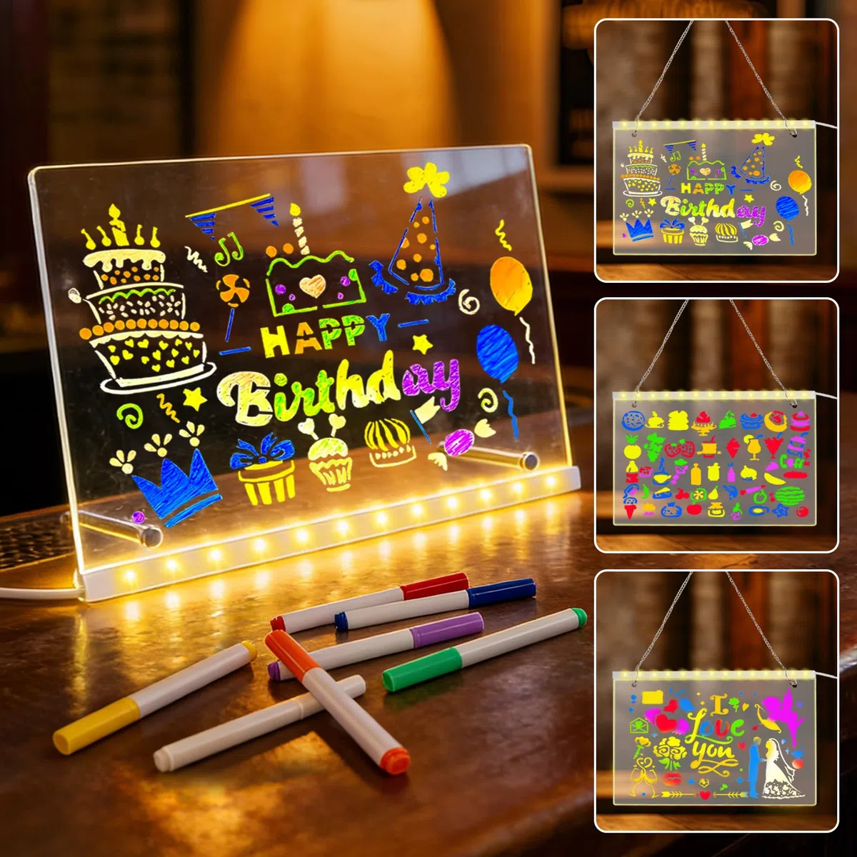 Tablero Acrílico Luminoso con Mensaje LED, Tablero de Notas LED con Bolígrafo de 7 Colores, Tablero de Dibujo LED con Soporte,Tablero de Escritura LED Luminoso Transparente, Limpiable