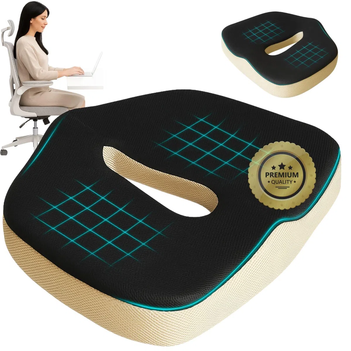 OrtoPrime Cojín Antiescaras Viscoelástico para Coxis ORTOPÉDICO Cojín Silla Oficina y Hogar - Cojines Viscoelásticos Confort Cojín para Silla de Ruedas Viscoelástico - Cojín VISCOELÁSTICO Antiescaras
