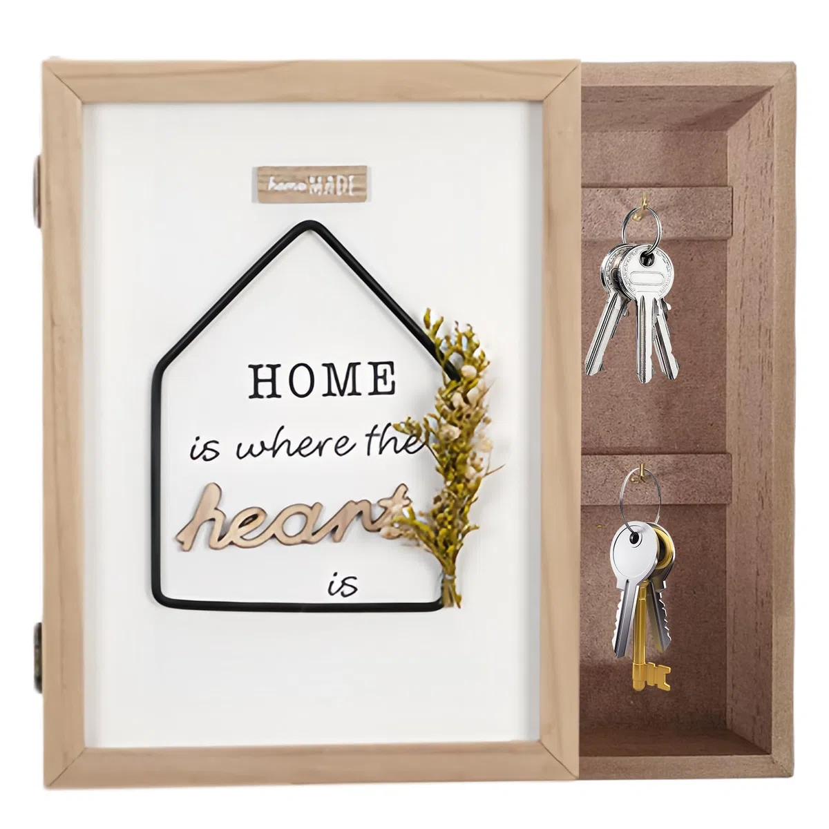 Caja para llaves, caja de llaves de madera, caja de llaves montada en la pared con 6 ganchos, fácil de montar en la pared para entrada, habitación, pasillo, baño, natural, 20 x 6 x 27 cm