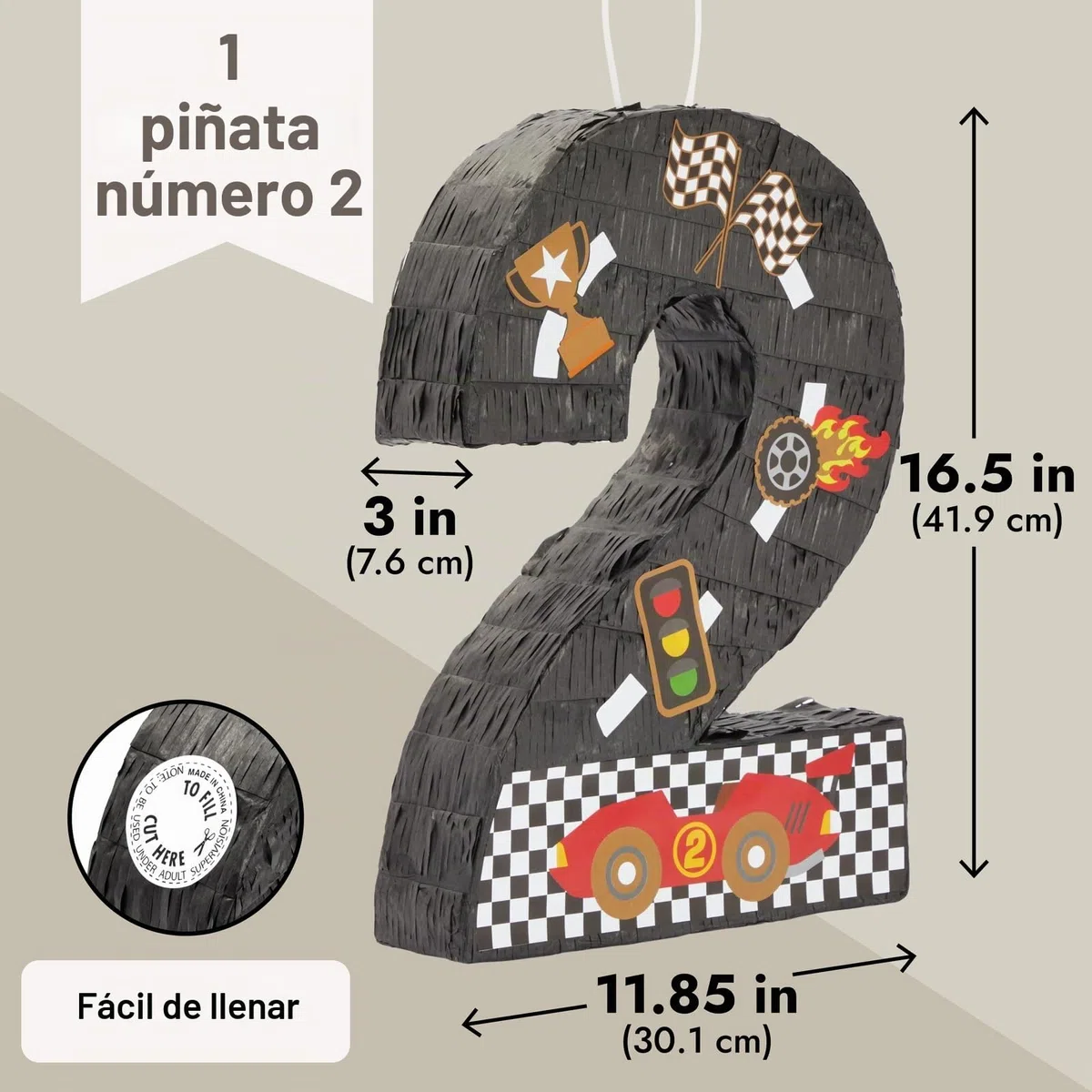 BLUE PANDA Piñata de coche de carreras número 2 para suministros de fiesta y dos decoraciones de cumpleaños rápidas, construcción de 3 capas y decoración de fiesta, 16.5 x 11.85 x 3 pulgadas, paquete