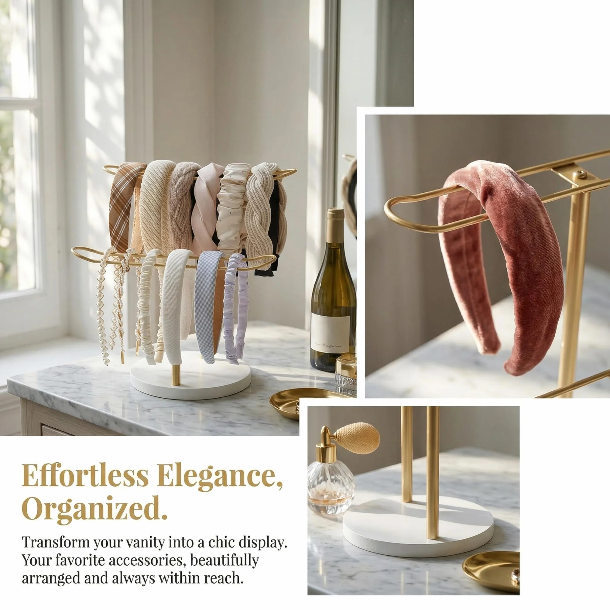 Organizador de Diadema de Metal, Expositor para Diademas de 2 Niveles, Organizador de Accesorios para el Cabello con Base Estable, para Guardar Diademas, Pulseras, Collares y Relojes, Dorado