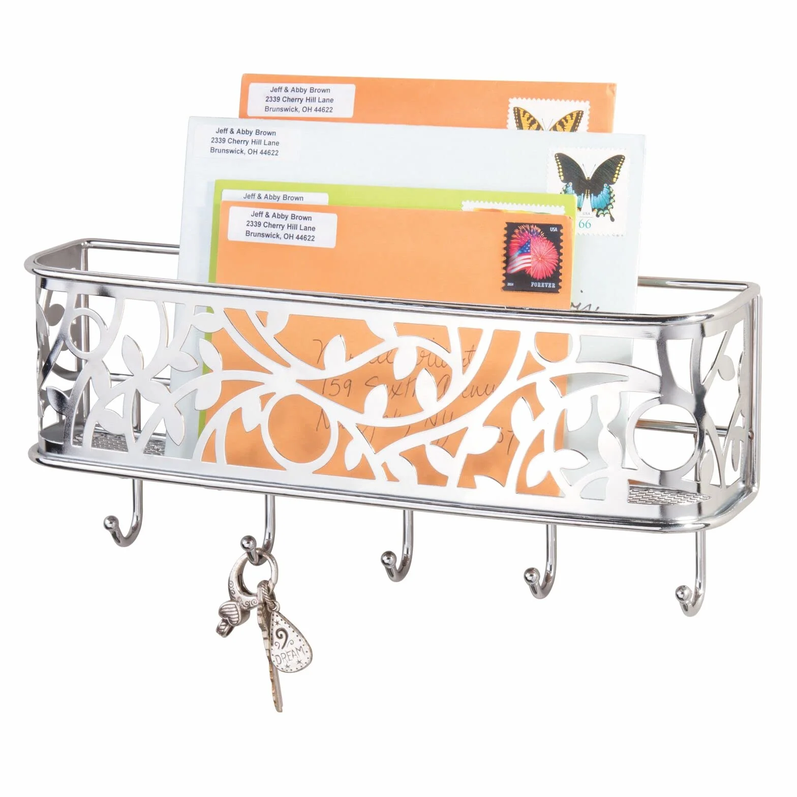 mDesign Guardallaves con cesta metálica – Versátil llavero de pared en metal para el recibidor, la cocina o la oficina – Bonito colgador de llaves con bandeja para cartas, móviles, etc. – plateado