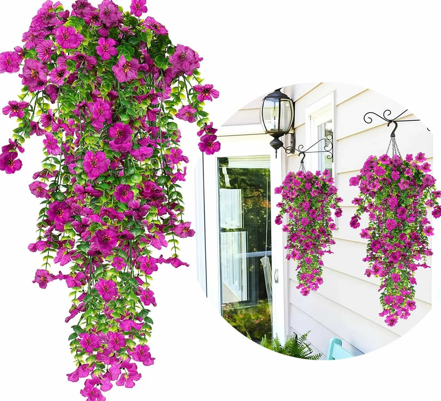 4 Piezas de Flores Artificiales Colgantes Exteriores, 77cm A Los Rayos UV Resistentes Artificiales Plantas para Jardines, Balcones, Patio, Paredes, Inicio Cocina Decoración (Morado)