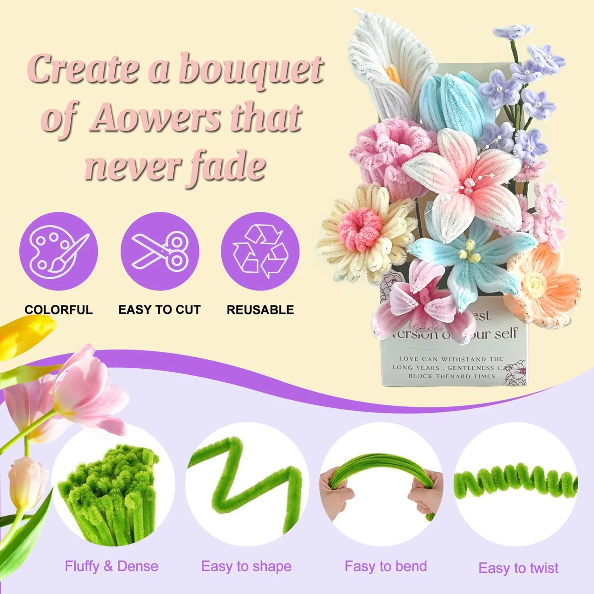 400 PCS of DIY Craft Pipe Cleaners, Bouquet Pipe Cleaners, Flower Blur Stick Craft Supplies, Craft Kit Gifts, and Pipe Cleaner Sets for Floral and Artistic Purposes (purple-4)