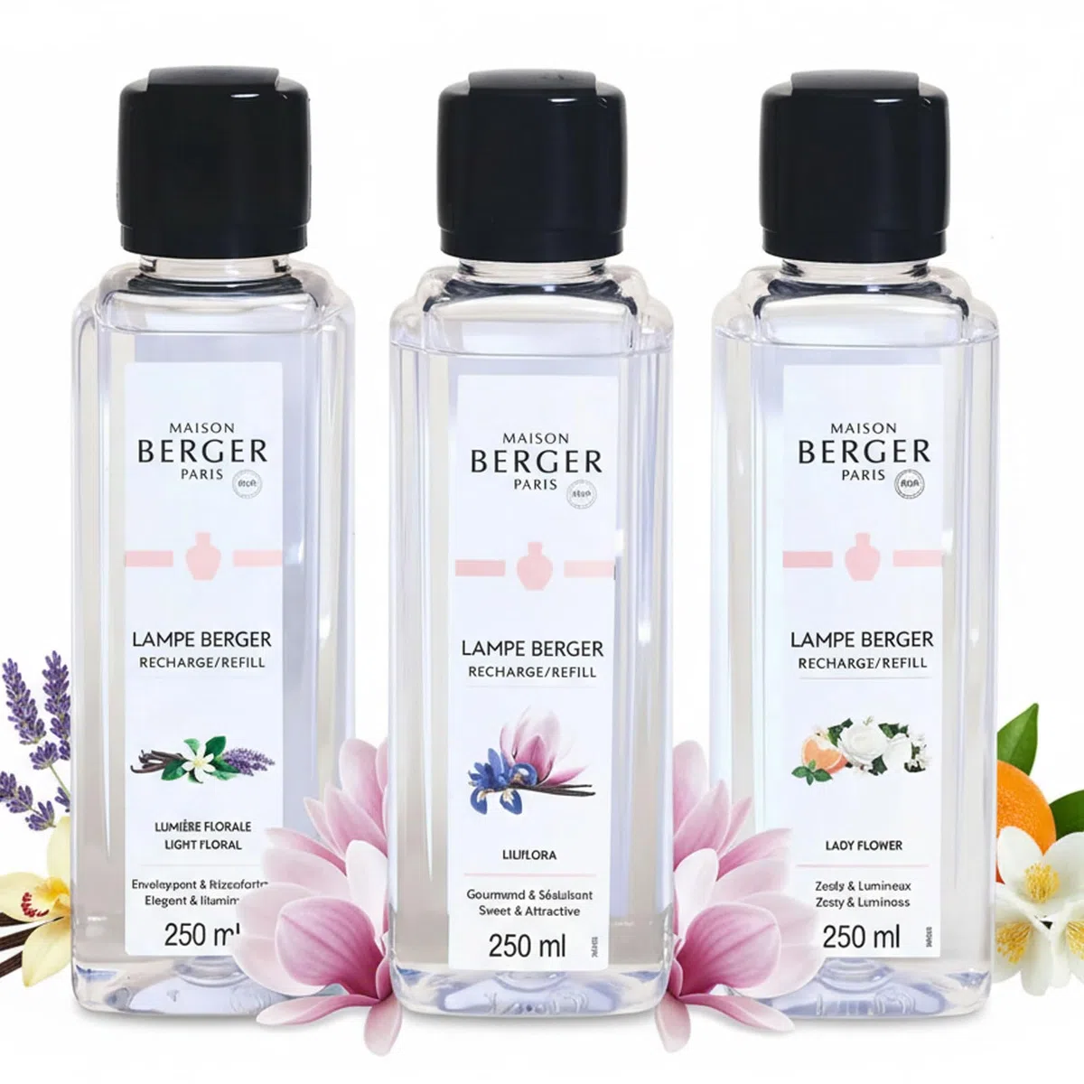 Lampe Berger – TrioPack Colección Ophelia – Juego de 3 botellas de 250 ml – Lumière Florale – Lady Flower y Liliflora – en elegante caja de regalo