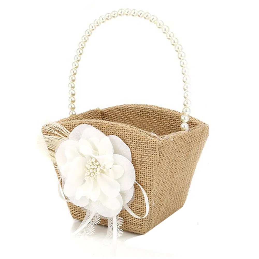 Awtlife 2 cestas rústicas de arpillera para niña de flores con mango de perlas para ceremonia de boda rústica vintage