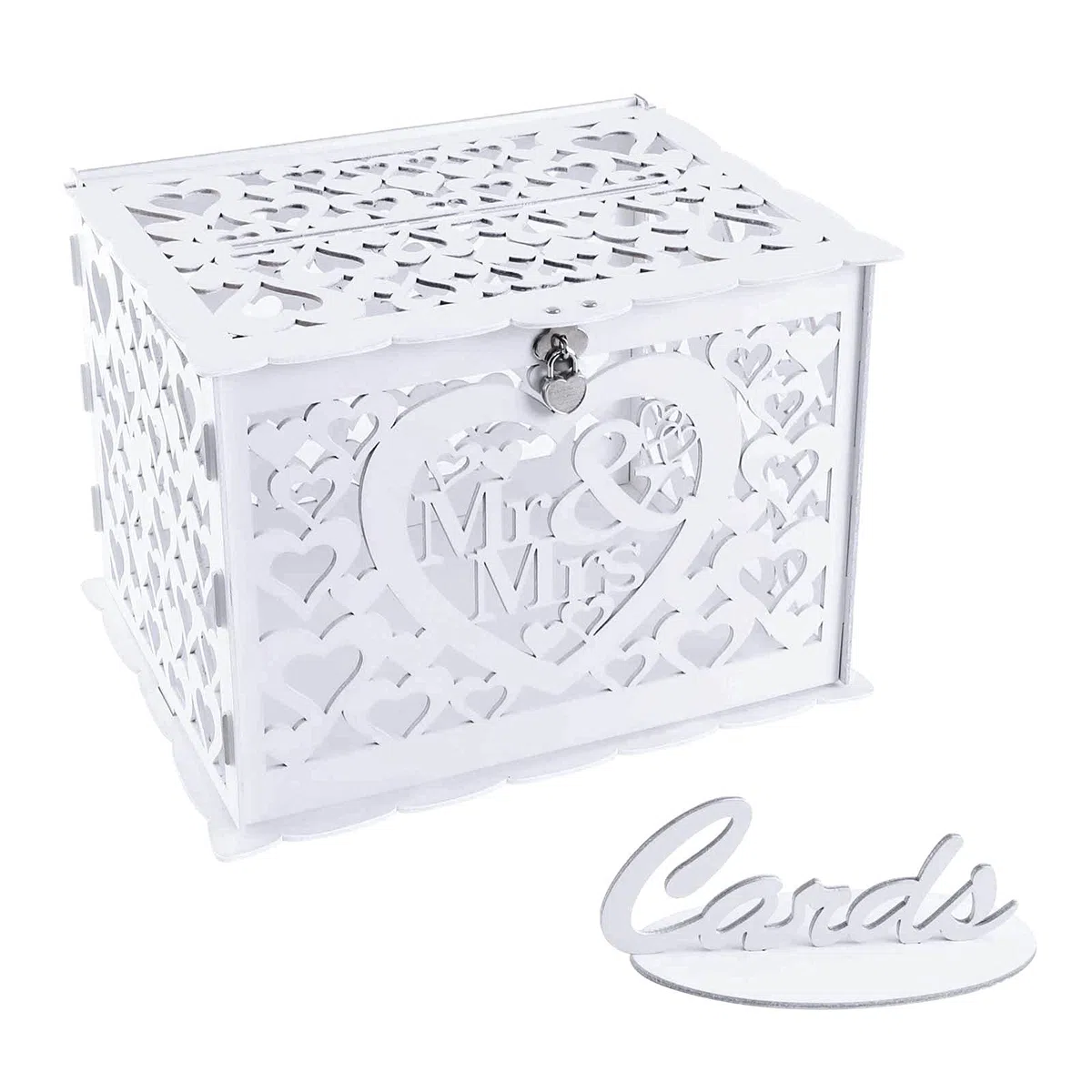 Benjia Caja para Tarjetas de Regalo de Boda, Hueca Caja de Tarjetas de Madera con Cerradura y Ranura para Tarjetas de Dinero Caja de Sobres para Boda Cumpleaños Aniversario Agradecimiento (Blanco)