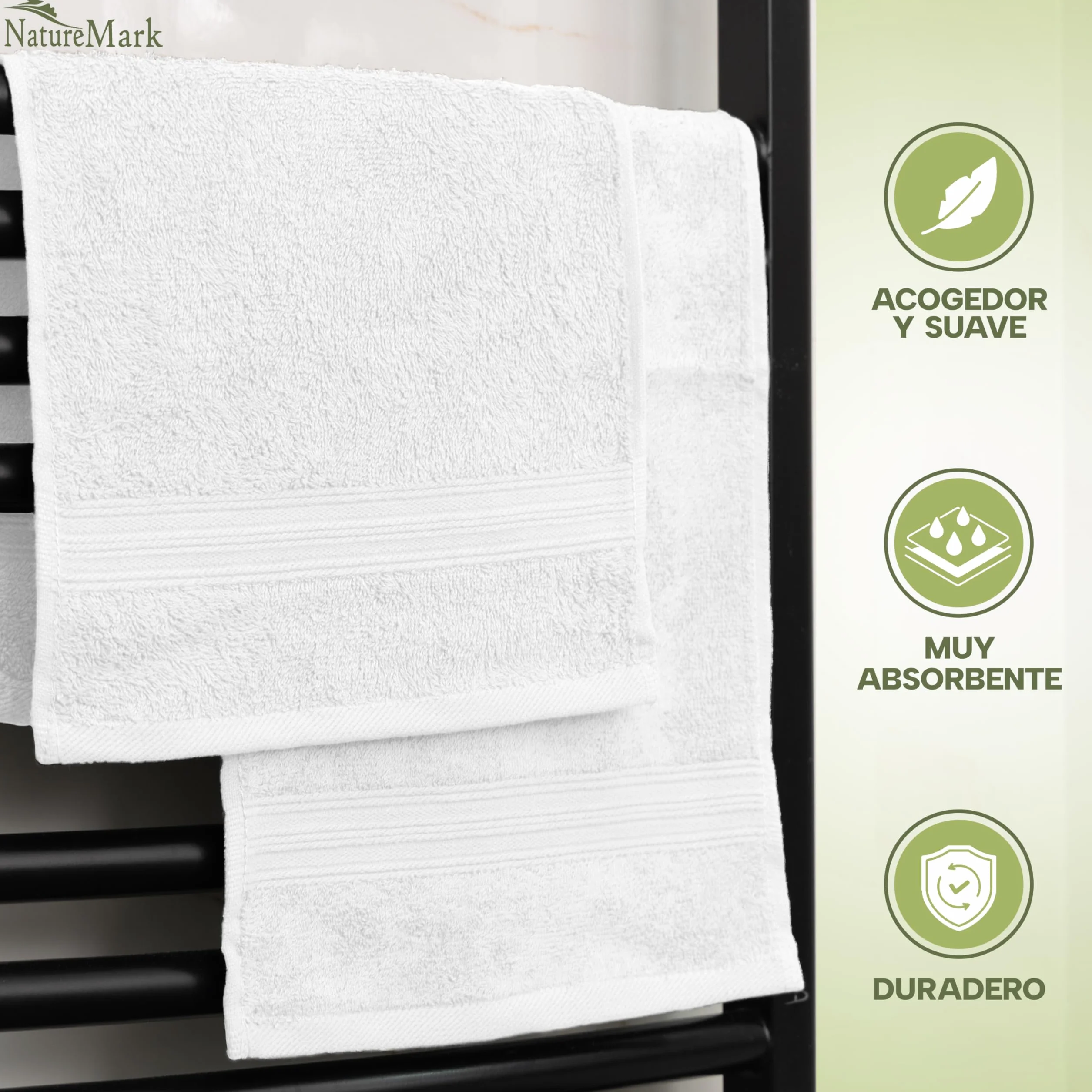 NatureMark Toallas de Invitado – Pack de 12 (30x50 cm), 100% Algodón, Certificación Oeko-Tex, Suaves, absorbentes y fáciles de cuidar – para baño, Invitados y SPA – Color Blanco