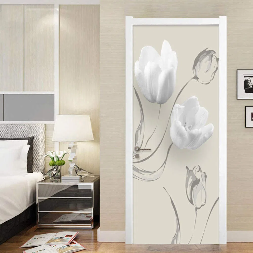 Papel Pintado de Puertas 3D Autoadhesivo Impermeable Vinilos Puertas Pegatinas Para Decorativos Para la Puertas interior del Dormitorio Murales,flor blanca 77 X 200 CM