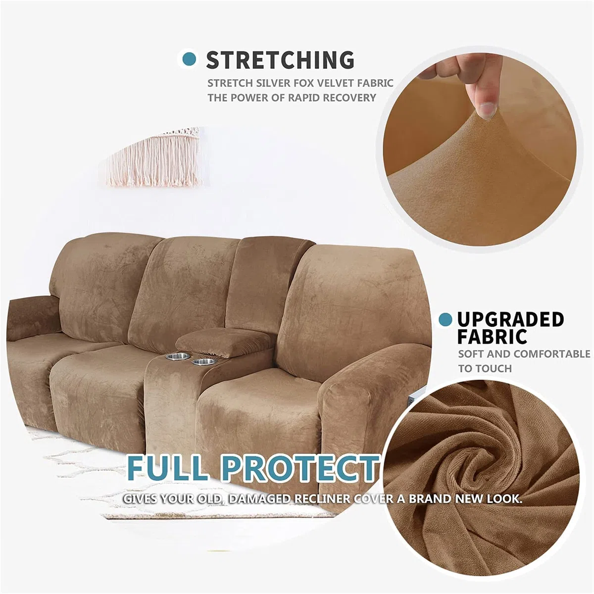 Funda reclinable elástica de Terciopelo con Consola - Tela Lavable Suave y Gruesa - Color Arena de 2 a 3 plazas - ¡Proteja su sofá reclinable con Esta Funda reclinable Premium contra el Desgaste Dia