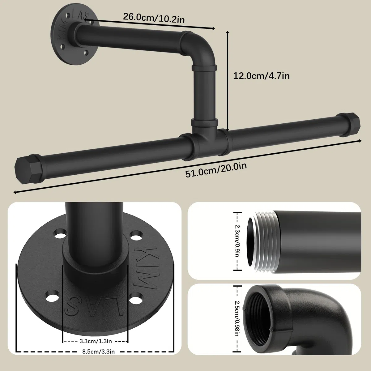 Yawinhe Perchero de Pared para Colgar Ropa, 51cm, Colgante de Prendas de Metal Retro Desmontable, Barras de Suspensión Industrial, para Sala de Estar, Cocina, 1-Pack, Negro