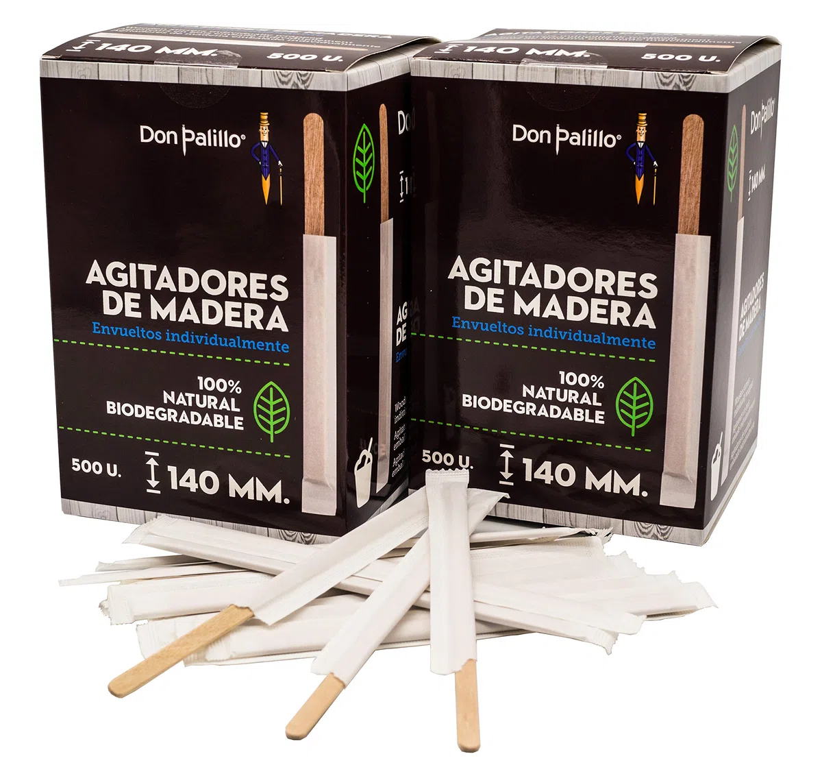 1000 Agitadores de madera para café desechables. Envueltos individualmente. De 14 cms de longitud. Ideales para café, cócteles, bebidas refrescantes... (2)