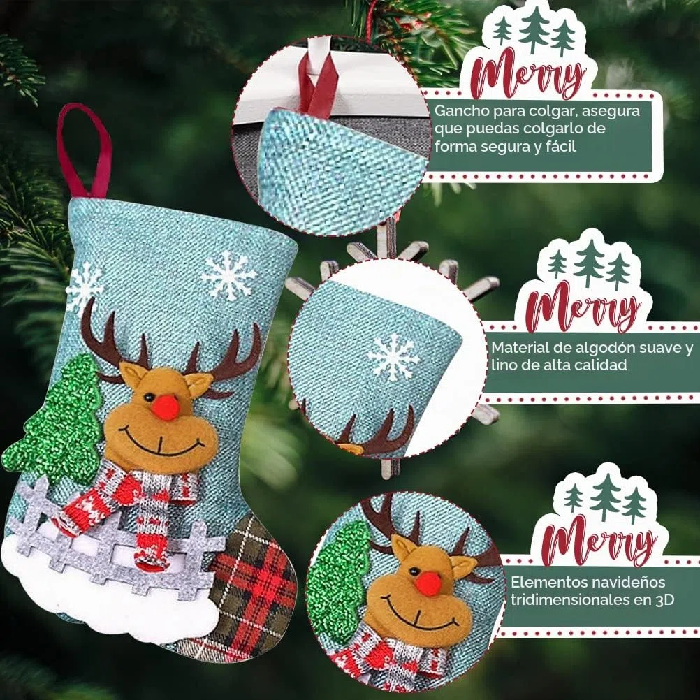 Calcetines de Navidad Chimenea, Calcetines Navidad para Colgar de Yute Personalizados Calcetines de Papá Noel Medias de Navidad, Bolsas de Regalo Calcetin Navideño para Decoracion Árbol de Navidad