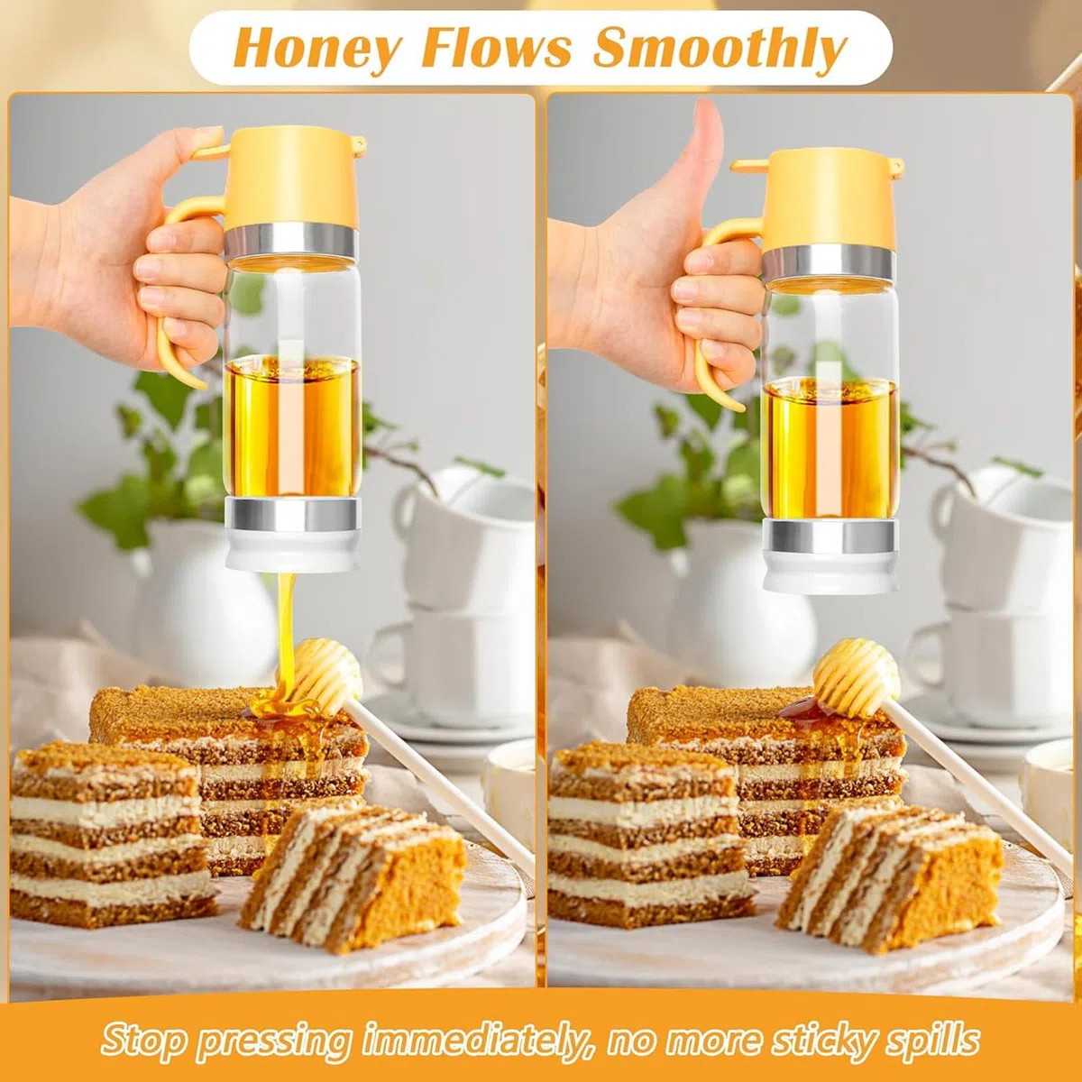 Dispensador de miel de cristal, 350 ml, boquilla antigoteo con mango y base antideslizante, recipiente de cristal multiusos para miel, jarabe, café (apto para lavavajillas), color amarillo