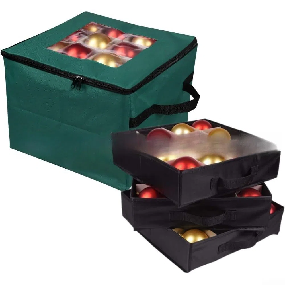 Contenedor de almacenamiento de adornos con 3 bandejas separadas, capacidad para 48 bolas de Navidad, caja de decoración navideña de tela Oxford, compacta y portátil para uso estacional