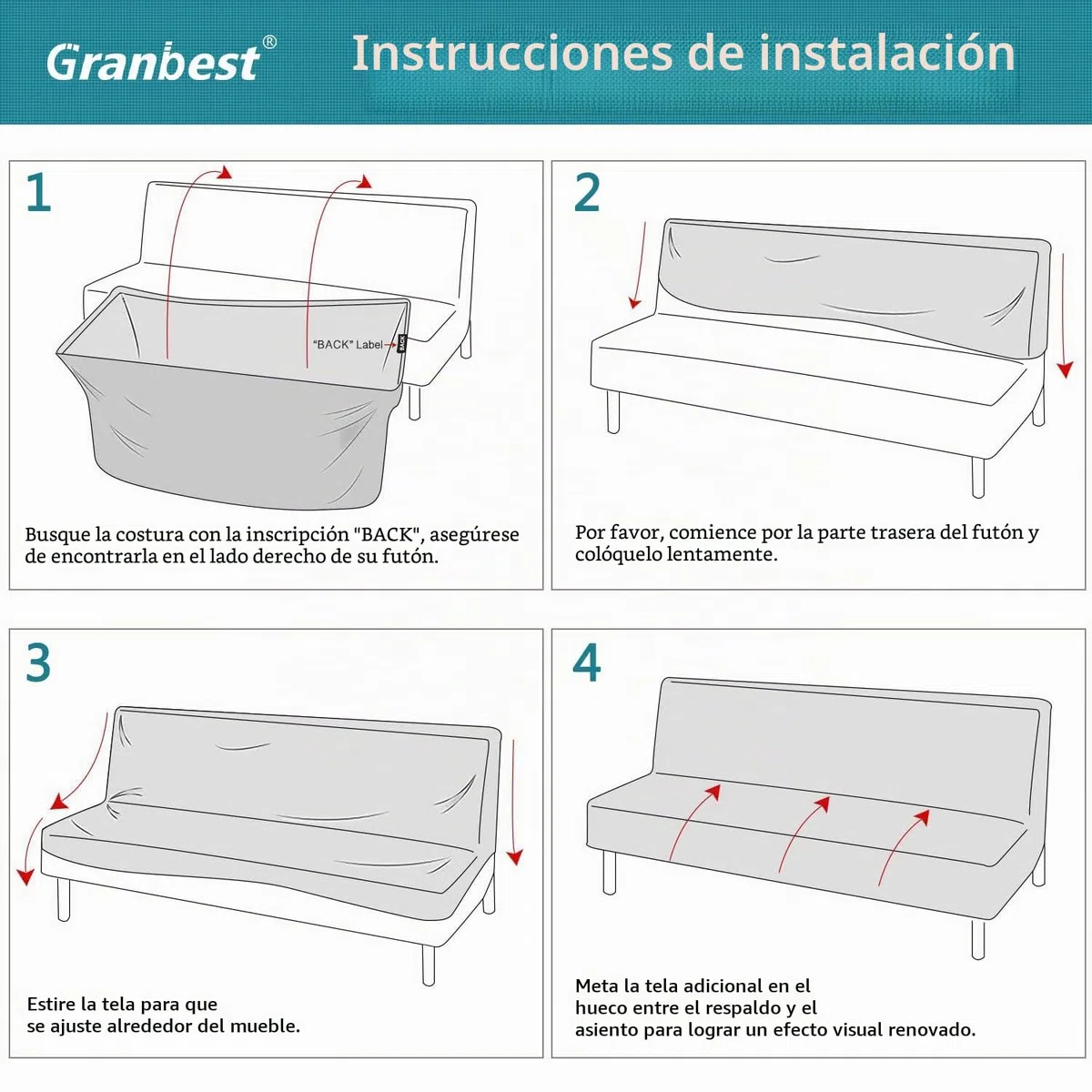 Granbest Cubierta Impermeable de futón sin Brazos, protección de futón elástica para sofá Cama Plegable Antideslizante sin reposabrazos (Gris)