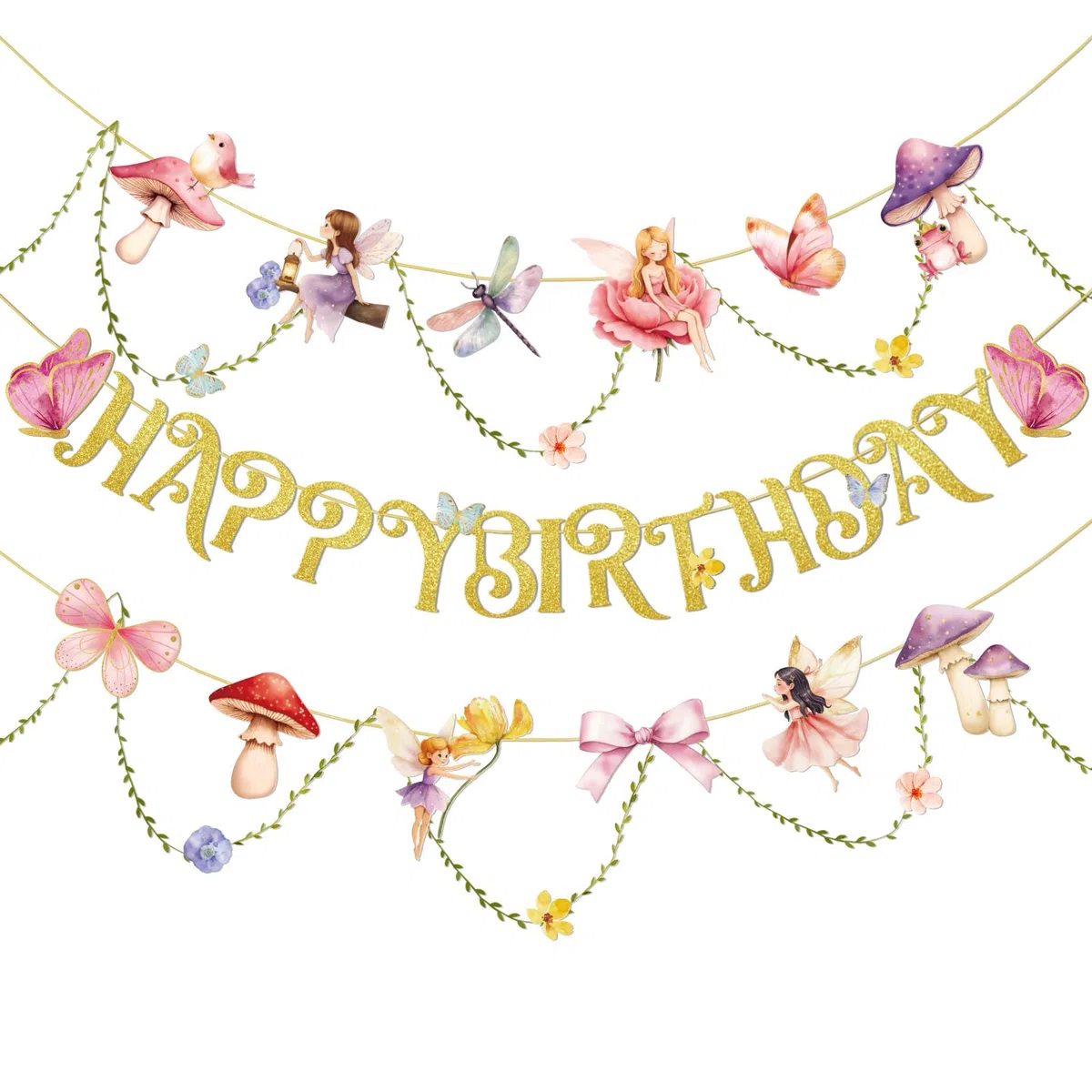 SUNBEAUTY Happy Birthday Girlande Rosa Hadas Cumpleaños Decoración Flores Guirnalda Mariposas Decoración para Cumpleaños Infantiles Jardín Fiesta Decoración Primavera Verano Decoración Interior